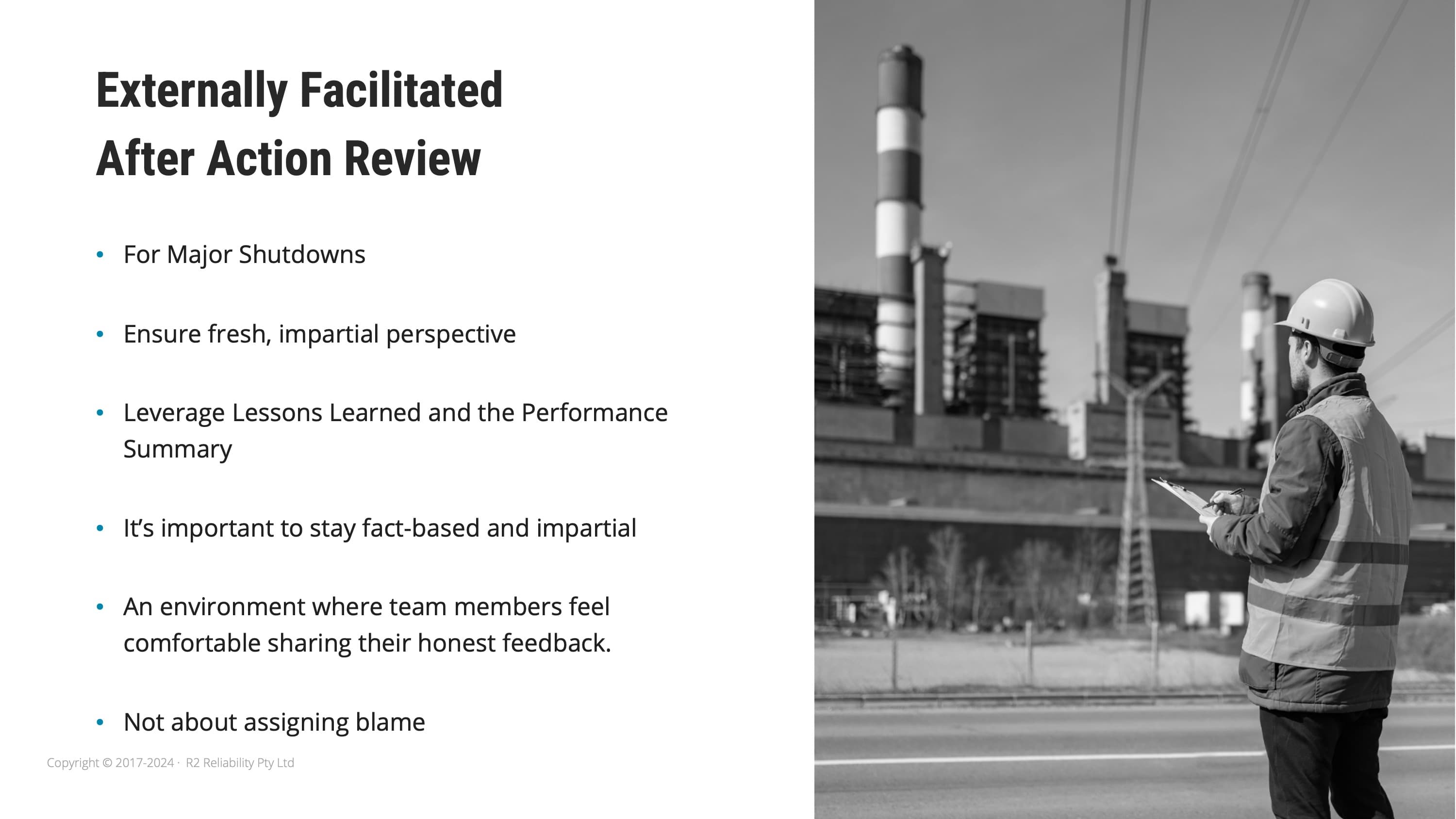 Slide on the externally facilitated after-action review for major shutdowns: bring a fresh, impartial perspective, draw on lessons learned and the performance summary, stay fact-based, and create an environment where the team shares honest feedback rather than assigning blame.
