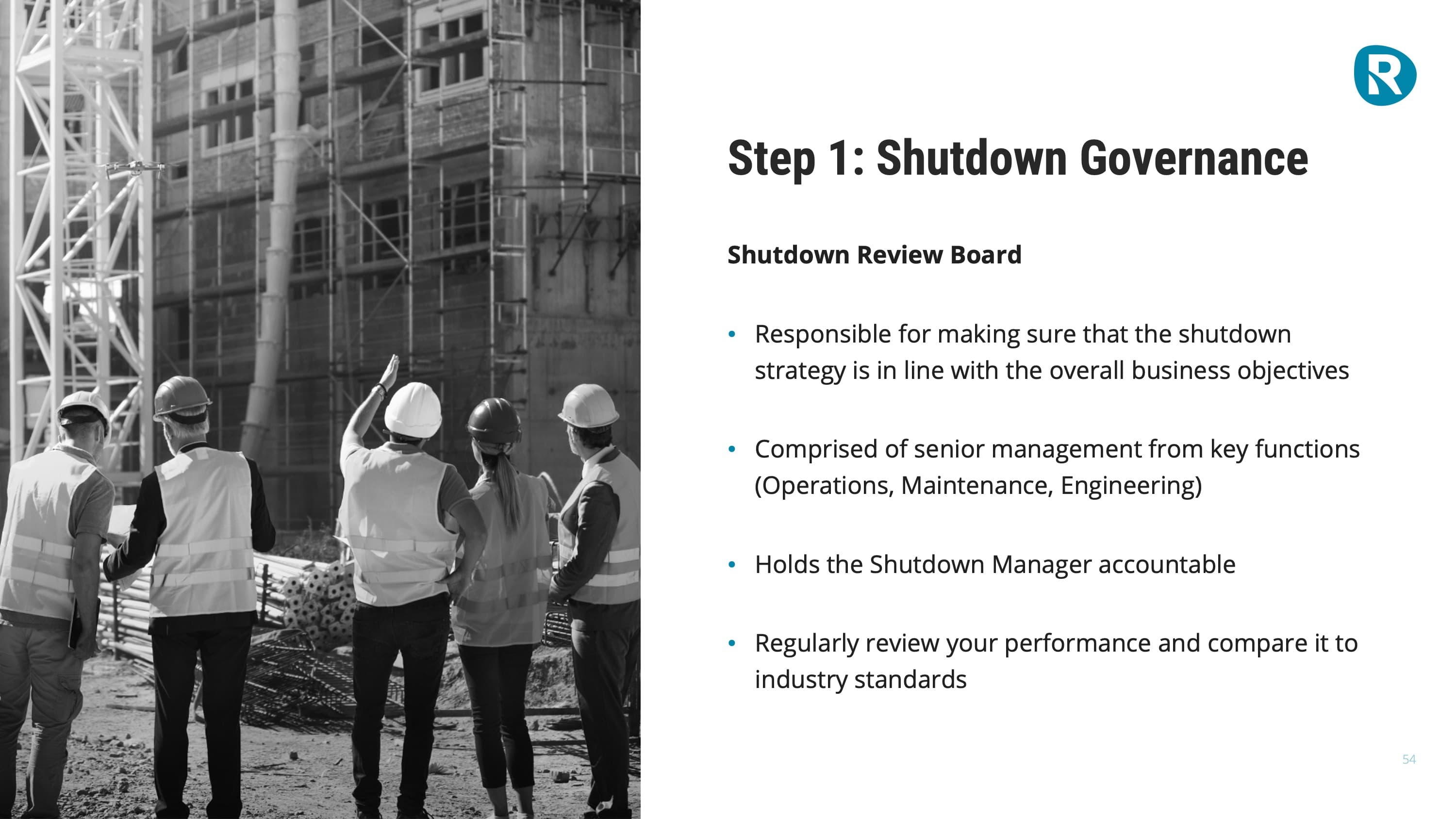 Slide on shutdown governance: the Shutdown Review Board aligns shutdown strategy with business objectives, is made up of senior management from operations, maintenance and engineering, holds the shutdown manager accountable, and benchmarks performance against industry standards.