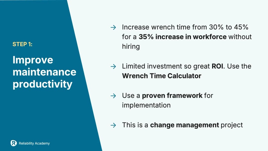 Step 1 to reduce maintenance costs: improve maintenance productivity by increasing wrench time, using a proven framework, and treating it as a change management project – from Reliability Academy.