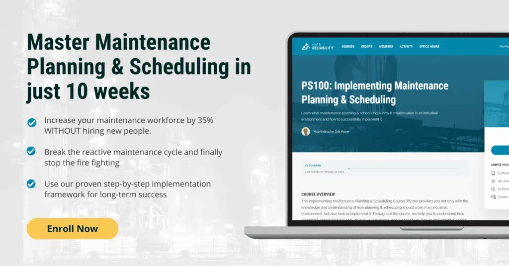 Promotional banner for PS100: Implementing Maintenance Planning & Scheduling online course, highlighting 10-week training to improve maintenance productivity without hiring new staff
