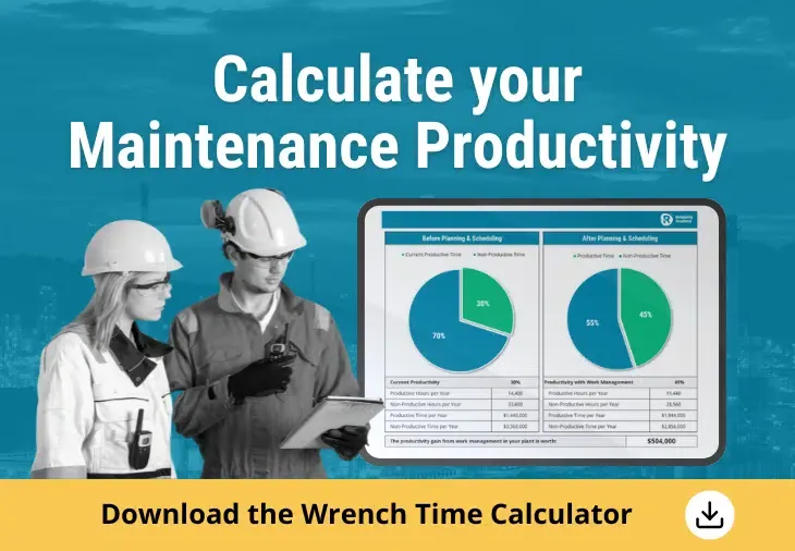 Two technicians using the Wrench Time Calculator to assess maintenance productivity before and after planning & scheduling improvements