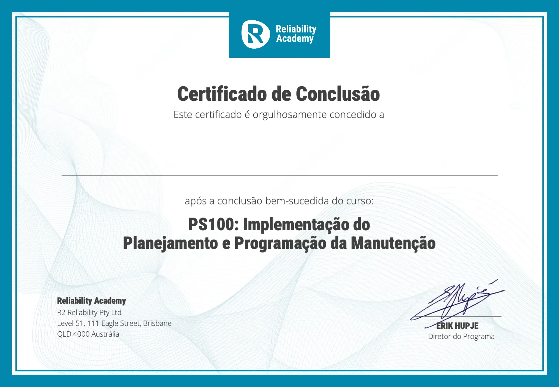 planning and scheduling portuguese sample certificate