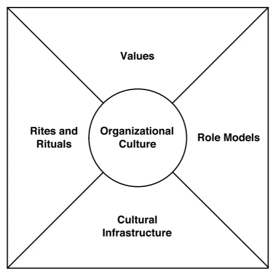 Diagram showing four key elements of organisational culture: Values, Role Models, Rites and Rituals, and Infrastructure.