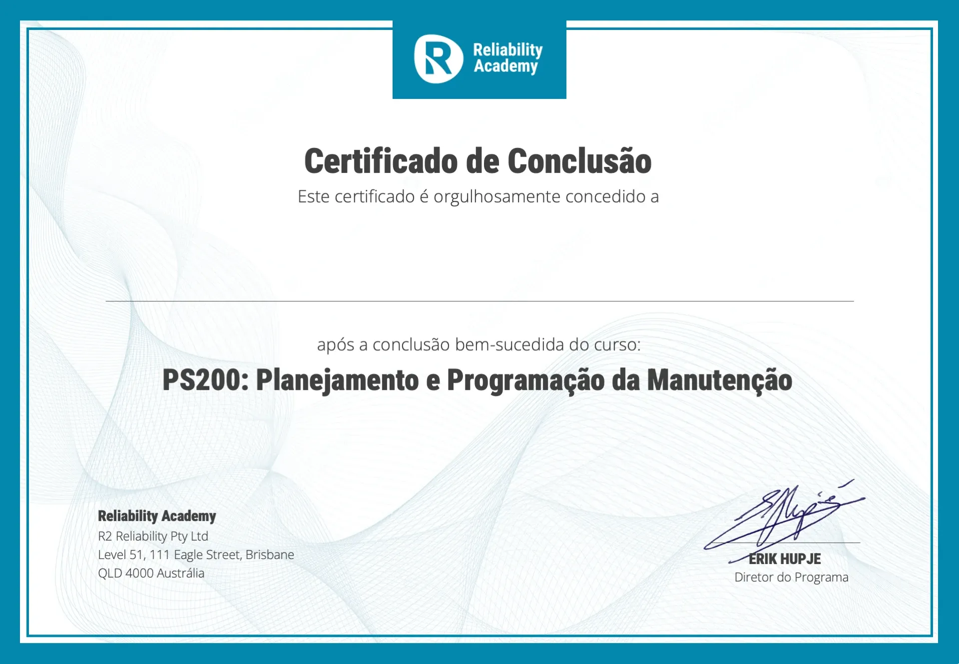maintenance planning and scheduling portuguese sample certificate