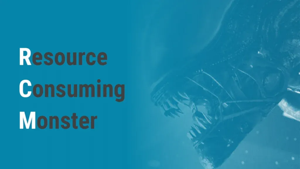 Visual metaphor criticising traditional Reliability Centered Maintenance (RCM) as a Resource Consuming Monster, highlighting the risk of inefficient implementation in maintenance programmes